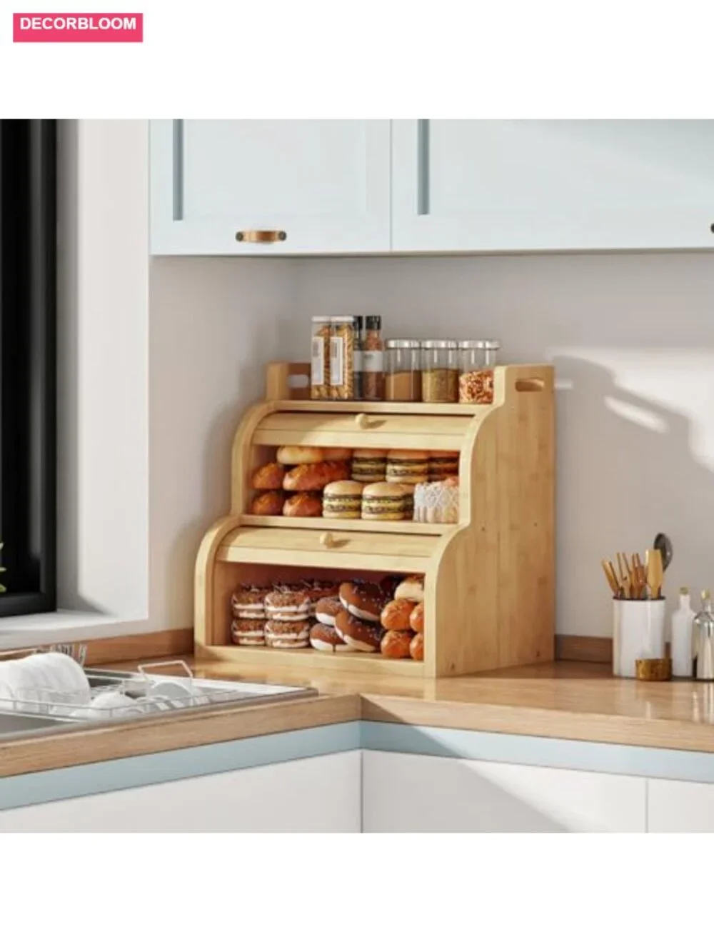Bamboo 2-Tier Roll-Top Bread Box with Ventilation, Kitchen Storage